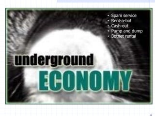 • Spam service
• Rent-a-bot
• Cash-out
• Pump and dump
• Botnet rental
 
