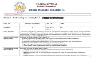 1
Outcomes – Based Teaching and Learning Plan in
Course Title Introduction to Criminology Course Code CRIM 1
Credit Units 3 Course Pre/Co-
requisites
None
Course Description This course provides the basic understanding of a theory, its development and application to the etiology of crime, its use to understanding
human, criminal and deviant behaviors. It includes the historical evolution of criminology, the different school of thoughts, the process
ofmeasuring crime, as it relates to criminological research, the divisions and scope of criminology, and the justice system. This course would also
introducecriminology as a profession in the Philippines.
Program Intended Learning
Outcomes (PILO)
At the end of this course, graduates will have the ability to:
A. Conduct criminological research on crimes, crime causation, victims and offenders to include deviant behavior.
B. Internalize the concepts of human rights and victims welfare.
C. Demonstrate competence and broad understanding in law enforcement administration, public safety and criminal justice.
D. Utilize criminalistics or forensic science in the investigation and detection of crime.
E. Apply the principles and jurisprudence of criminal law, evidence and criminal procedure.
F. Ensure offenders’ welfare and development for their re – integration to the community.
Courses Intended Learning
Outcomes (CILO)
At the end of this course, the students should be able to:
1. Analyze the concept and nature of criminology, crime, law and the historical evolution of criminology.
2. Explain the construction of criminological theory.
3. Describe the concept of crime, law and criminal behavior; measuring crime, victims and offender, punishment, sentencing, and
rehabilitation.
4. Examine the interactive nature between criminology and criminal justice system, criminology as a profession in the Philippines and
INTRODUCTION TO CRIMINOLOGY
COLEGIO de KAPATAGAN
DEPARTMENT OF CRIMINOLOGY
BACHELOR OF SCIENCE IN CRIMINOLOGY (BS
CRIM)
CORE VALUES AND/OR TAGLINE
 