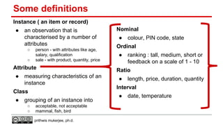 Some definitions
Instance ( an item or record)
●

an observation that is
characterised by a number of
attributes
○
○

person - with attributes like age,
salary, qualification
sale - with product, quantity, price

Attribute
●

measuring characteristics of an
instance

Class
●

grouping of an instance into
○
○

acceptable, not acceptable
mammal, fish, bird
prithwis mukerjee, ph.d.

Nominal
●

colour, PIN code, state

Ordinal
●

ranking : tall, medium, short or
feedback on a scale of 1 - 10

Ratio
●

length, price, duration, quantity

Interval
●

date, temperature

 