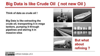 Big Data is like Crude Oil { not new Oil }
Think of data as crude oil !
Big Data is like extracting the
crude oil, transporting it in mega
tankers, pumping it through
pipelines and storing it in
massive silos

But what
about
refining ?
prithwis mukerjee, ph.d.

 