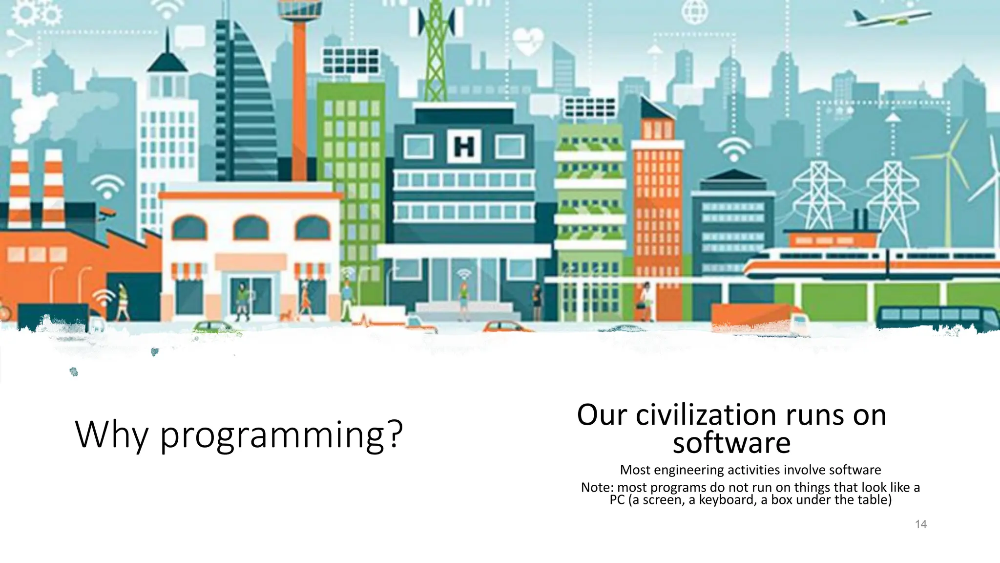 Why programming?
Our civilization runs on
software
Most engineering activities involve software
Note: most programs do not run on things that look like a
PC (a screen, a keyboard, a box under the table)
14
 
