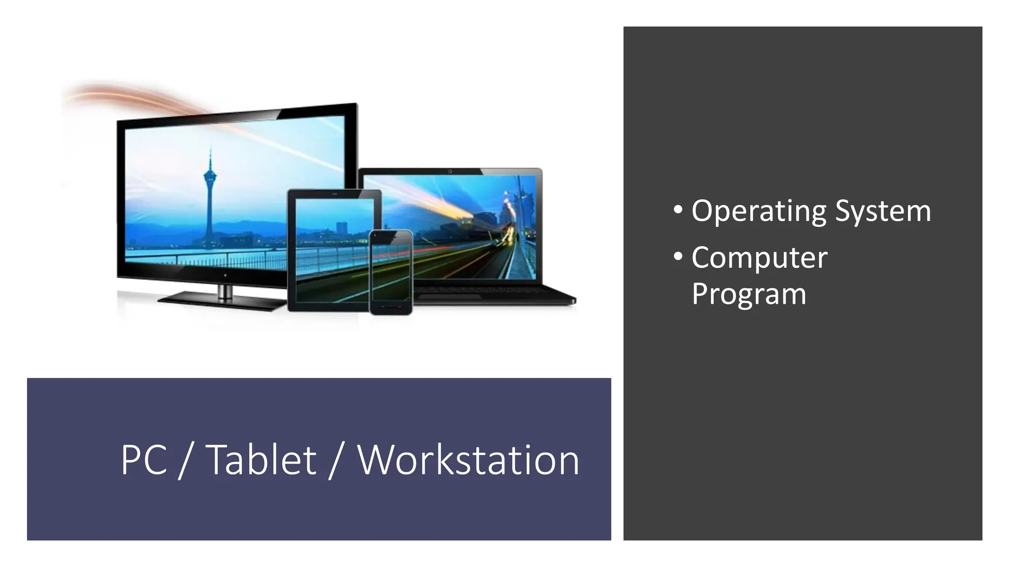 PC / Tablet / Workstation
• Operating System
• Computer
Program
 