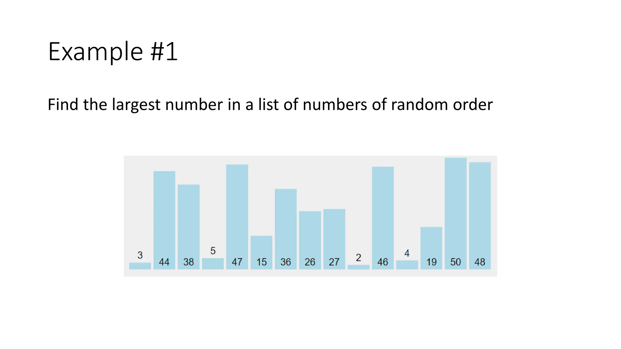Example #1
Find the largest number in a list of numbers of random order
 