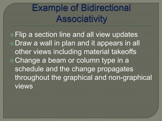 Flip a section line and all view updates 
Draw a wall in plan and it appears in all 
other views including material takeoffs 
Change a beam or column type in a 
schedule and the change propagates 
throughout the graphical and non-graphical 
views 
 