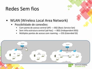 • WLAN (Wireless Local Area Network)
• Possibilidade de conexões:
• Com ponto de acesso central (AP) → BSS (Basic Service Set)
• Sem infra-estrutura central (ad-hoc) → IBSS (Independent BSS)
• Múltiplos pontos de acesso com roaming → ESS (Extended SS)
Redes Sem fios
 