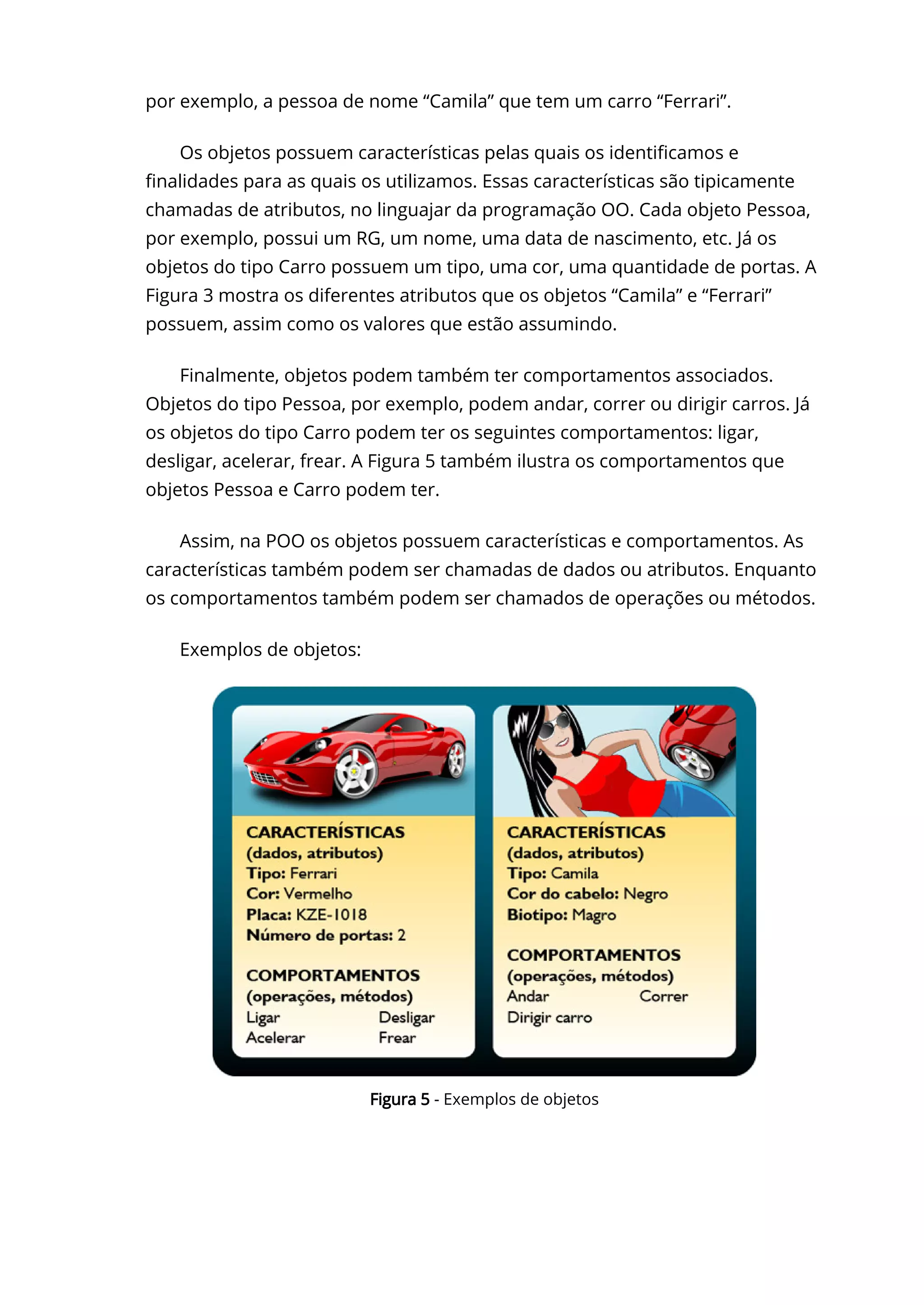 por exemplo, a pessoa de nome “Camila” que tem um carro “Ferrari”.
Os objetos possuem características pelas quais os identi〠ㄊcamos e
〠ㄊnalidades para as quais os utilizamos. Essas características são tipicamente
chamadas de atributos, no linguajar da programação OO. Cada objeto Pessoa,
por exemplo, possui um RG, um nome, uma data de nascimento, etc. Já os
objetos do tipo Carro possuem um tipo, uma cor, uma quantidade de portas. A
Figura 3 mostra os diferentes atributos que os objetos “Camila” e “Ferrari”
possuem, assim como os valores que estão assumindo.
Finalmente, objetos podem também ter comportamentos associados.
Objetos do tipo Pessoa, por exemplo, podem andar, correr ou dirigir carros. Já
os objetos do tipo Carro podem ter os seguintes comportamentos: ligar,
desligar, acelerar, frear. A Figura 5 também ilustra os comportamentos que
objetos Pessoa e Carro podem ter.
Assim, na POO os objetos possuem características e comportamentos. As
características também podem ser chamadas de dados ou atributos. Enquanto
os comportamentos também podem ser chamados de operações ou métodos.
Exemplos de objetos:
Figura 5 - Exemplos de objetos
 