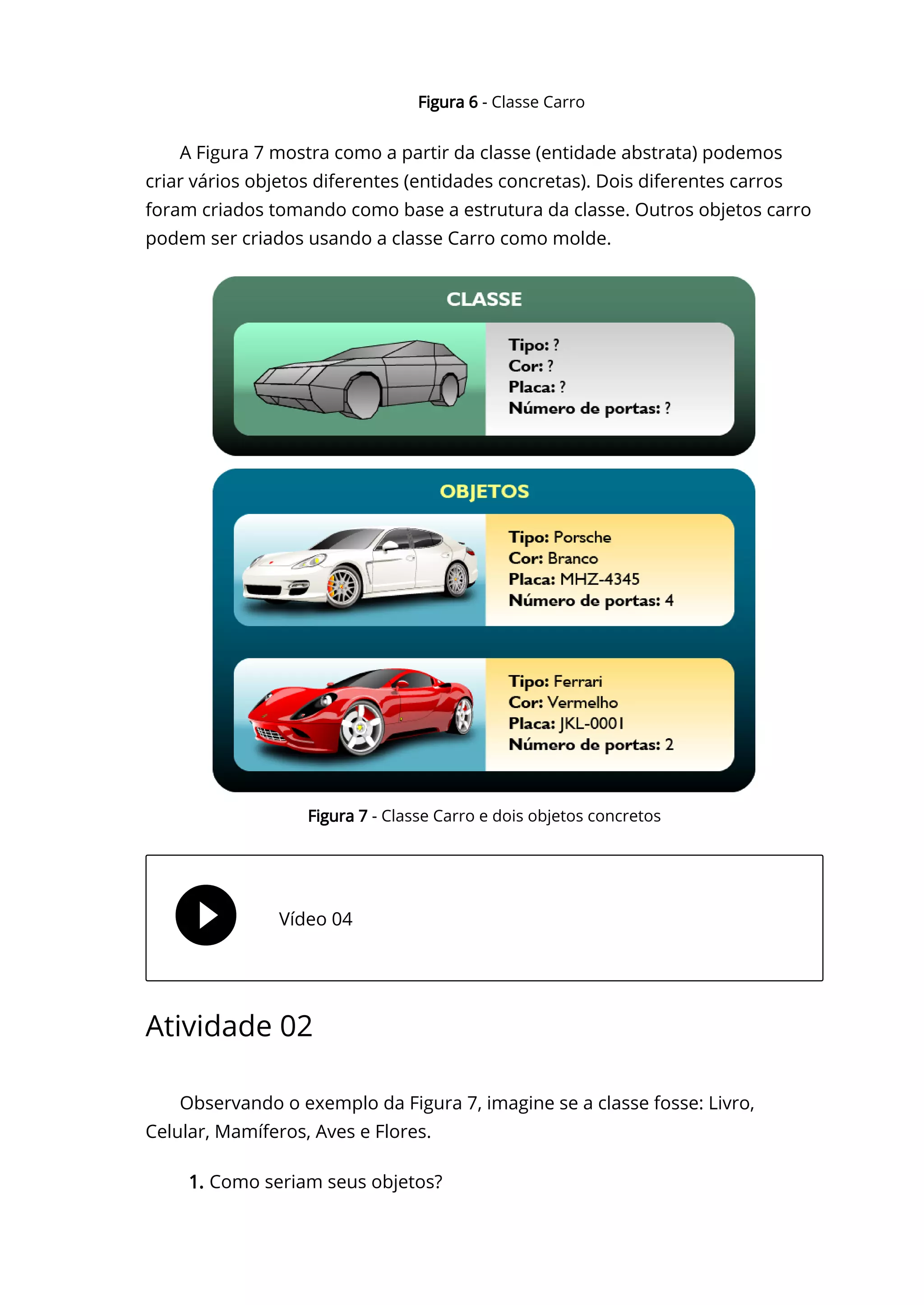 A Figura 7 mostra como a partir da classe (entidade abstrata) podemos
criar vários objetos diferentes (entidades concretas). Dois diferentes carros
foram criados tomando como base a estrutura da classe. Outros objetos carro
podem ser criados usando a classe Carro como molde.
 Vídeo 04
Figura 6 - Classe Carro
Figura 7 - Classe Carro e dois objetos concretos
Atividade 02
Observando o exemplo da Figura 7, imagine se a classe fosse: Livro,
Celular, Mamíferos, Aves e Flores.
1. Como seriam seus objetos?
 
