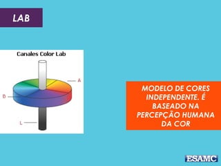 LAB

MODELO DE CORES
INDEPENDENTE. É
BASEADO NA
PERCEPÇÃO HUMANA
DA COR

 