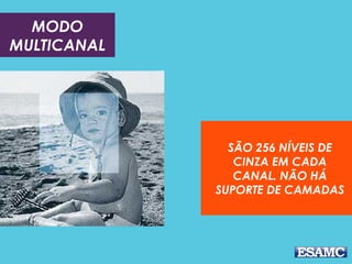 MODO
MULTICANAL

SÃO 256 NÍVEIS DE
CINZA EM CADA
CANAL. NÃO HÁ
SUPORTE DE CAMADAS

 