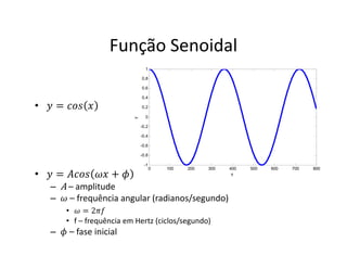 Função Senoidal
• ‫ݕ‬ = ܿ‫ݏ݋‬ ‫ݔ‬
• ‫ݕ‬ = ‫ݏ݋ܿܣ‬ ߱‫ݔ‬ + ߶
– A – amplitude
– ߱ – frequência angular (radianos/segundo)
• ߱ = 2ߨ݂
• f – frequência em Hertz (ciclos/segundo)
– ߶ – fase inicial
0 100 200 300 400 500 600 700 800
-1
-0.8
-0.6
-0.4
-0.2
0
0.2
0.4
0.6
0.8
1
x
y
 