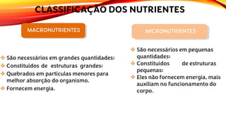 CLASSIFICAÇÃO DOS NUTRIENTES
❖ São necessários em grandes quantidades;
❖ Constituídos de estruturas grandes;
❖ Quebrados em partículas menores para
melhor absorção do organismo.
❖ Fornecem energia.
❖ São necessários em pequenas
quantidades;
❖ Constituídos de estruturas
pequenas;
❖ Eles não fornecem energia, mais
auxiliam no funcionamento do
corpo.
MACRONUTRIENTES MICRONUTRIENTES
 