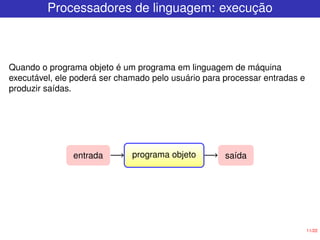 11/22
Processadores de linguagem: execução
Quando o programa objeto é um programa em linguagem de máquina
executável, ele poderá ser chamado pelo usuário para processar entradas e
produzir saídas.
programa objeto
entrada saída
 