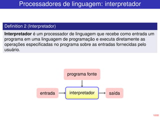 12/22
Processadores de linguagem: interpretador
Definition 2 (Interpretador)
Interpretador é um processador de linguagem que recebe como entrada um
programa em uma linguagem de programação e executa diretamente as
operações especificadas no programa sobre as entradas fornecidas pelo
usuário.
interpretador
entrada saída
programa fonte
 