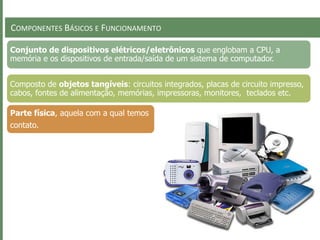 COMPONENTES BÁSICOS E FUNCIONAMENTO
Conjunto de dispositivos elétricos/eletrônicos que englobam a CPU, a
memória e os dispositivos de entrada/saída de um sistema de computador.
Composto de objetos tangíveis: circuitos integrados, placas de circuito impresso,
cabos, fontes de alimentação, memórias, impressoras, monitores, teclados etc.
Parte física, aquela com a qual temos
contato.
 