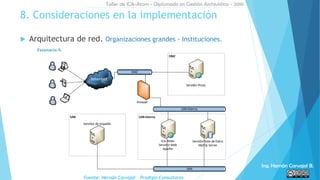  Arquitectura de red. Organizaciones grandes - Instituciones.
8. Consideraciones en la implementación
Fuente: Hernán Carvajal – Prodigio Consultores
Taller de ICA-Atom - Diplomado en Gestión Archivística - 2016
Ing. Hernán Carvajal B.
 