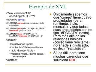 Ejemplo de XML <?xml version="1.0" encoding="UTF-8"?> <!DOCTYPE  correo  [ <!ELEMENT  correo  (para, remitente, titulo, mensaje)> <!ELEMENT  para  (#PCDATA)> <!ELEMENT  remitente  (#PCDATA)> <!ELEMENT  titulo  (#PCDATA)> <!ELEMENT  mensaje  (#PCDATA)>  ]> <correo> <para>Marina</para> <remitente>Silvia</remitente> <titulo>Saludo</titulo> <mensaje>Hola, ¿cómo estás?</mensaje> </correo> Únicamente sabemos que “correo” tiene cuatro propiedades (para, remitente, titulo, mensaje), y que todas esas propiedades son de tipo “#PCDATA” (texto). Pero más allá de las relaciones básicas (correo tiene remitente),  no añade significado , es decir “ semántica ”. Sí, es útil, pero tiene muchas carencias que soluciona  RDF . 