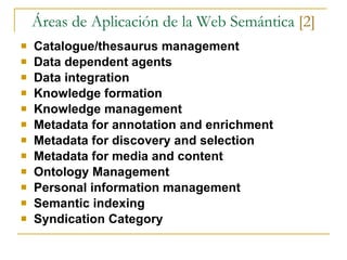 Áreas de Aplicación de la Web Semántica  [2] Catalogue/thesaurus management Data dependent agents Data integration Knowledge formation Knowledge management Metadata for annotation and enrichment Metadata for discovery and selection Metadata for media and content Ontology Management Personal information management Semantic indexing Syndication Category 