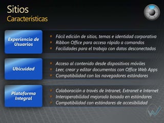 Sitios
Características

Experiencia de
  Usuarios




  Ubicuidad




 Plataforma
   Integral
 