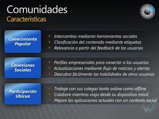 Características

Conocimiento
  Popular



 Conexiones
  Sociales



Participación
   Ubicua
 