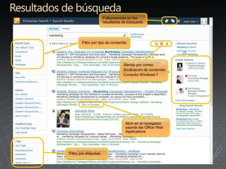 Resultados de búsqueda
                                  Folksonomías en los
                                  resultados de búsqueda




                   Filtro por tipo de contenido




                                             Alertas por correo
                                             Sindicación de contenido
                                             Conector Windows 7




                                              Abrir en el navegador
                                              usando las Office Web
                                              Applications




           Filtro por etiquetas
 