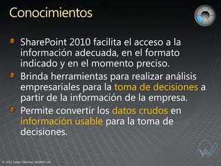 Conocimientos




                                  toma de decisiones

                                  datos crudos
           información usable


© 2011 Lester Sánchez, WEBOO UH
 