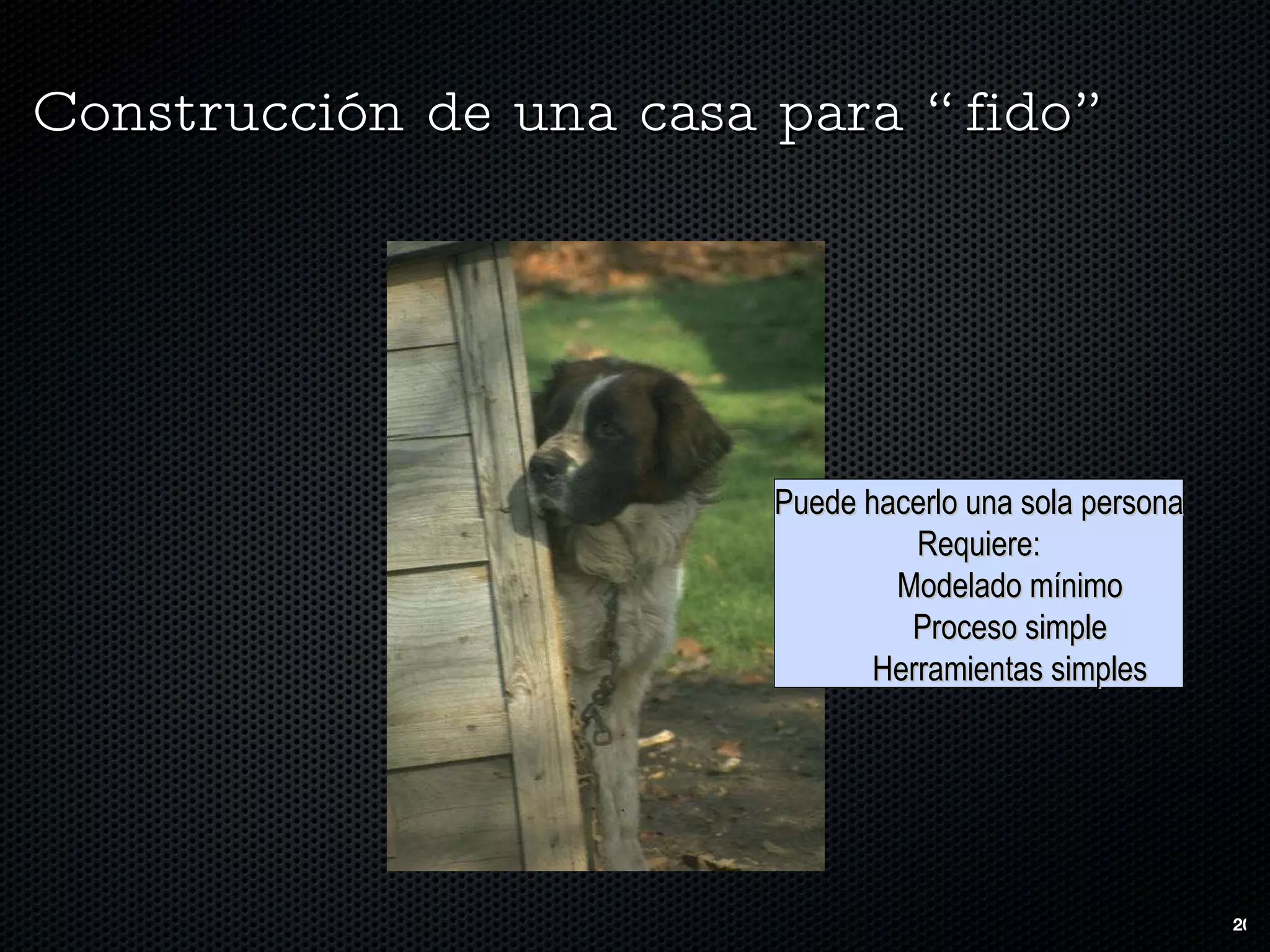 Construcción de una casa para “fido”  Puede hacerlo una sola persona Requiere: Modelado mínimo Proceso simple Herramientas simples 