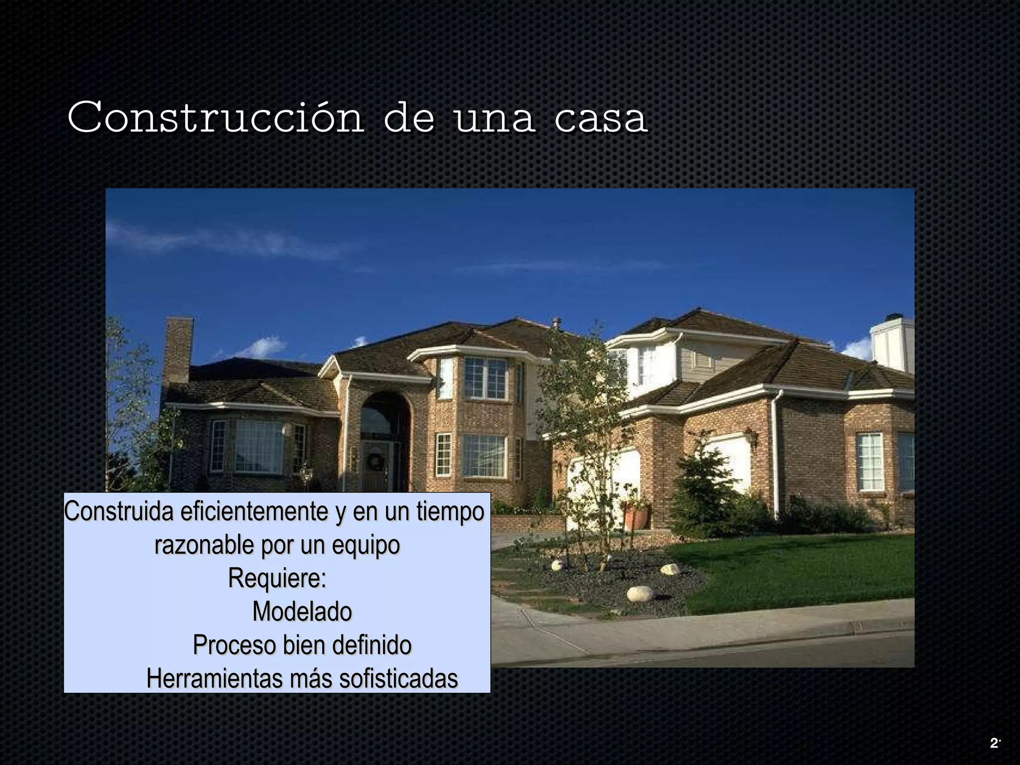 Construcción de una casa Construida eficientemente y en un tiempo  razonable por un equipo Requiere: Modelado Proceso bien definido Herramientas más sofisticadas 