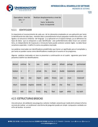 120
INTRODUCCIÓN AL DESARROLLO DE SOFTWARE
INGENIERÍA DE SISTEMAS
Operadores nivel de
bits: >>'
<<
Realizan desplazamiento a nivel de
bit:
hacia la derecha
hacia la izquierda
4.2.2.1 IDENTIFICADOR
Es importante el reconocimiento de cada uno de los elementos empleados en una aplicación por tanto
la identificación de cada clase, miembro dato o procedimiento incluso paqueteo nombre de archivo está
ligado a la estructura sintáctica del lenguaje y su aplicación en el espacio tiempo, ya se definieron los
tipos de datos que se anteponen a cada identificador este preferiblemente debe iniciar con carácter
letra, es independiente de mayúscula o minúscula hasta puede contener carácter digito no debe llevar
caracteres especiales ni definir lo como una palabra reservada
Las palabras reservadas son identificadores predefinidos que tienen un significado para el compilador y
por tanto no pueden usarse como identificadores creados por el usuario en los programas.
Algunas palabras reservadas en Java se presentan a continuación en el cuadro siguientes para tener
presente al definir los identificadores:
abstract continue for new switch assert default package synchronized
boolean o if private this break double implements protected
throw byte else import public throws case enum instanceof
return transient requiera extends int short char final interface
static void class finally long float super while try/ catch
4.2.3 ESTRUCTURAS BÁSICAS
Una estructura de validación sea pregunta o selector múltiple presenta por medio de la sintaxis la forma
correcta de realizar un condicional esta forma de preguntar puede ser simple compuesta o anidada con
el fin de facilitar el control
 