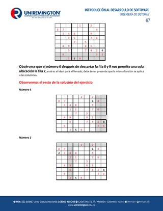 67
INTRODUCCIÓN AL DESARROLLO DE SOFTWARE
INGENIERÍA DE SISTEMAS
Obsérvese que el número 6 después de descartar la fila 8 y 9 nos permite una sola
ubicación la fila 7,este es el ideal para el llenado, debe tener presente que la misma función se aplica
a las columnas.
Observemos el resto de la solución del ejercicio
Número 6
Número 2
 