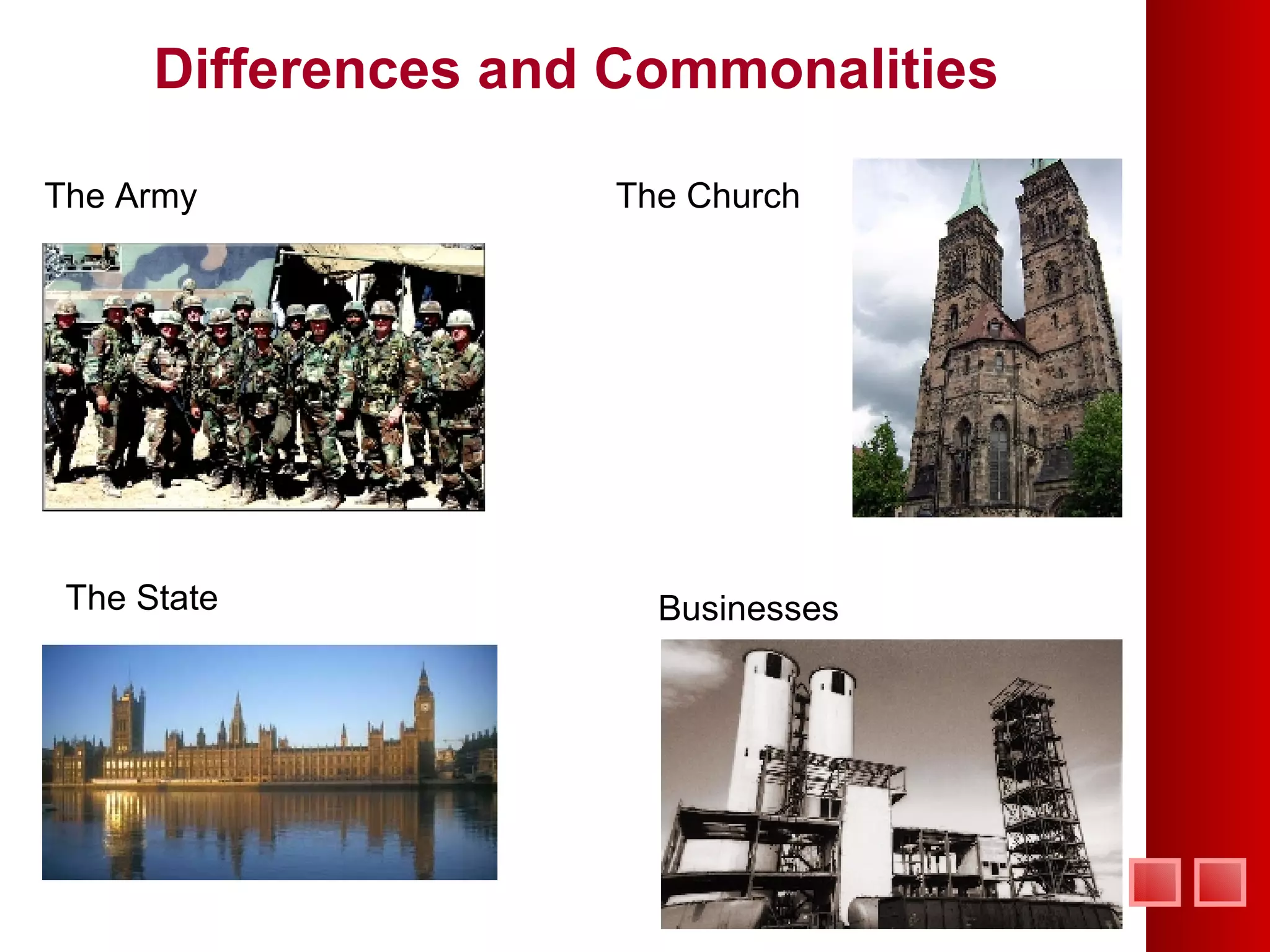 Differences and Commonalities The Church The State The Army Businesses 