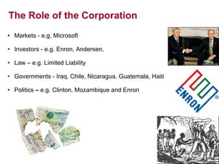 The Role of the Corporation Markets - e.g. Microsoft Investors - e.g. Enron, Andersen,  Law – e.g. Limited Liability Governments - Iraq, Chile, Nicaragua, Guatemala, Haiti Politics  –  e.g.  Clinton, Mozambique and Enron 