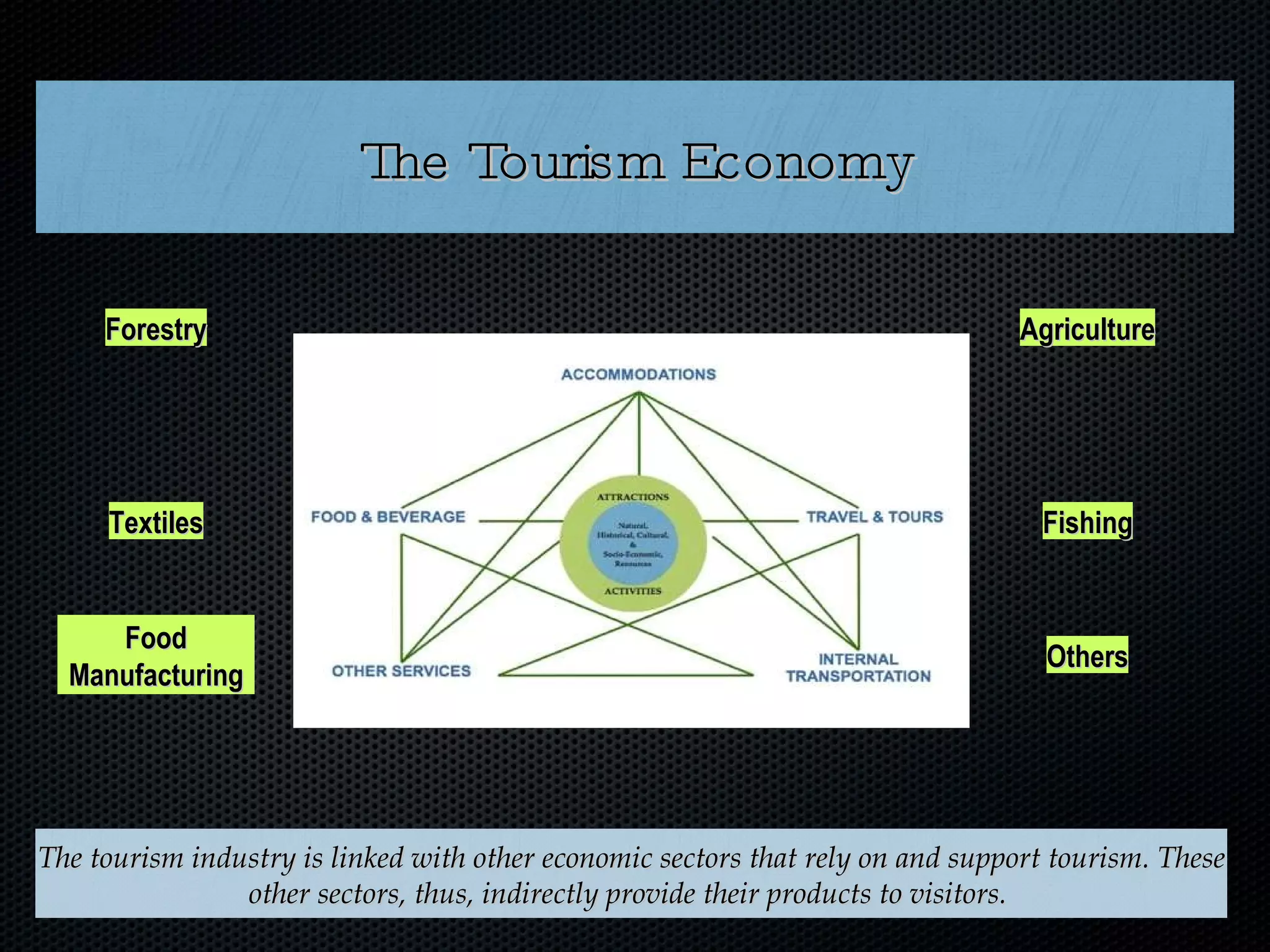The Tourism Economy The tourism industry is linked with other economic sectors that rely on and support tourism. These other sectors, thus, indirectly provide their products to visitors.  Agriculture Fishing Forestry Textiles Others Food Manufacturing 