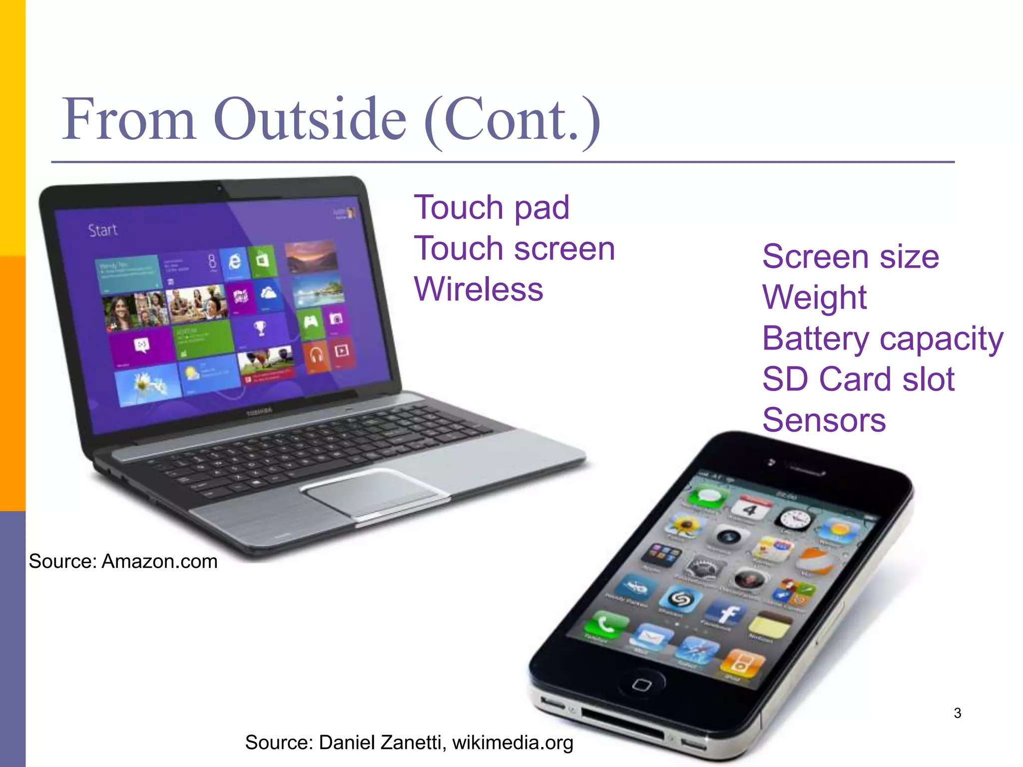 From Outside (Cont.) 
Source: Daniel Zanetti, wikimedia.org 
3 
Source: Amazon.com 
Touch pad 
Touch screen 
Wireless 
Screen size 
Weight 
Battery capacity 
SD Card slot 
Sensors 
 