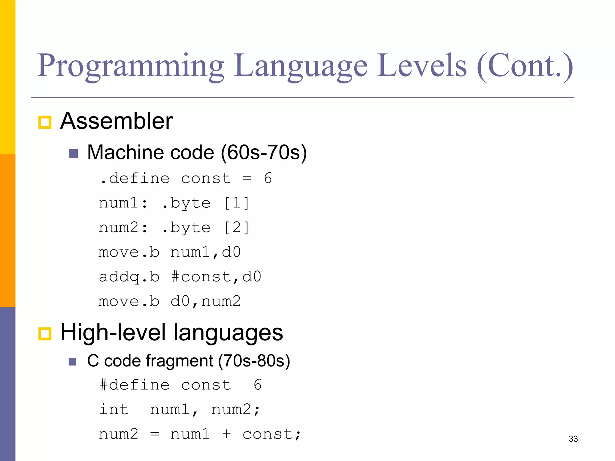 Programming Language Levels (Cont.) 
 Assembler 
 Machine code (60s-70s) 
.define const = 6 
num1: .byte [1] 
num2: .byte [2] 
move.b num1,d0 
addq.b #const,d0 
move.b d0,num2 
 High-level languages 
 C code fragment (70s-80s) 
#define const 6 
int num1, num2; 
num2 = num1 + const; 33 
 