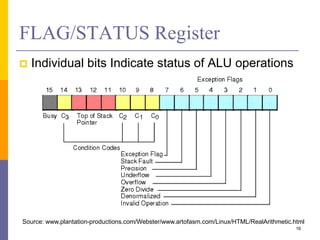 FLAG/STATUS Register 
 Individual bits Indicate status of ALU operations 
Source: www.plantation-productions.com/Webster/www.artofasm.com/Linux/HTML/RealArithmetic.html 
16 
 