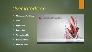  Workspace Switching
 Tabs
 UpperBar
 LowerBar
 Navigation Bar
 Command Line
 Drawing Area
User interface
 