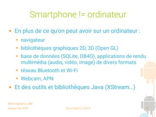 session fev 2016 Yann Caron (c) 2014 15
Smartphone != ordinateur
 En plus de ce qu'on peut avoir sur un ordinateur :
➔ navigateur
➔ bibliothèques graphiques 2D, 3D (Open GL)
➔ base de données (SQLite, DB4O), applications de rendu
multimédia (audio, vidéo, image) de divers formats
➔ réseau Bluetooth et Wi-Fi
➔ Webcam, APN
 Et des outils et bibliothèques Java (XStream…)
Slide original (c) JMF
 