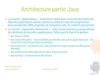 session fev 2016 Yann Caron (c) 2014 21
Architecture partie Java
 La couche « Applications » : Android est utilisé dans un ensemble contenant
déjà des applications natives comme un client de mail, des programmes
pour envoyer des SMS, d'agenda, de navigateur web, de contacts personnels
 La couche « Application Framework » : cette couche permet au programmeur
de construire de nouvelles applications. Cette couche fournit la gestion :
➔ des Views (= IHM)
➔ des ContentProviders = l'accessibillité aux données des autres applications (ex. : les
contacts) et donc les partages de données
➔ des ressources = les fichiers non code comme les images, les écrans (Resource
Manager)
➔ des Notifications (affichage d'alerte dans la barre de titre)
➔ des Activitys = l'enchaînement des écrans
Slide original (c) JMF
 