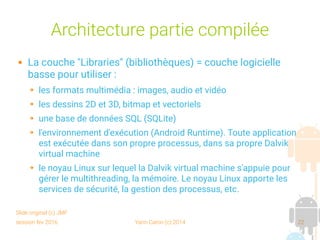 session fev 2016 Yann Caron (c) 2014 22
Architecture partie compilée
 La couche "Libraries" (bibliothèques) = couche logicielle
basse pour utiliser :
➔ les formats multimédia : images, audio et vidéo
➔ les dessins 2D et 3D, bitmap et vectoriels
➔ une base de données SQL (SQLite)
➔ l'environnement d'exécution (Android Runtime). Toute application
est exécutée dans son propre processus, dans sa propre Dalvik
virtual machine
➔ le noyau Linux sur lequel la Dalvik virtual machine s'appuie pour
gérer le multithreading, la mémoire. Le noyau Linux apporte les
services de sécurité, la gestion des processus, etc.
Slide original (c) JMF
 
