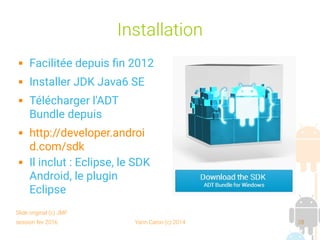 session fev 2016 Yann Caron (c) 2014 28
Installation
 Facilitée depuis fin 2012
 Installer JDK Java6 SE
 Télécharger l'ADT
Bundle depuis
 http://developer.androi
d.com/sdk
 Il inclut : Eclipse, le SDK
Android, le plugin
Eclipse
Slide original (c) JMF
 