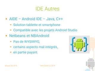 session fev 2016 Yann Caron (c) 2014 32
IDE Autres
 AIDE – Android IDE – Java, C++
➔ Solution tablette et smartphone
➔ Compatible avec les projets Android Studio
 Netbeans et NBAndroid
➔ Pas de WYSIWYG,
➔ certains aspects mal intégrés,
➔ en partie payant.
 