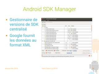 session fev 2016 Yann Caron (c) 2014 34
Android SDK Manager
 Gestionnaire de
versions de SDK
centralisé
 Google fournit
les données au
format XML
 