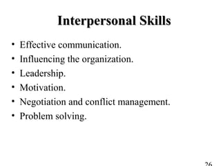 Interpersonal SkillsInterpersonal Skills
• Effective communication.
• Influencing the organization.
• Leadership.
• Motivation.
• Negotiation and conflict management.
• Problem solving.
 