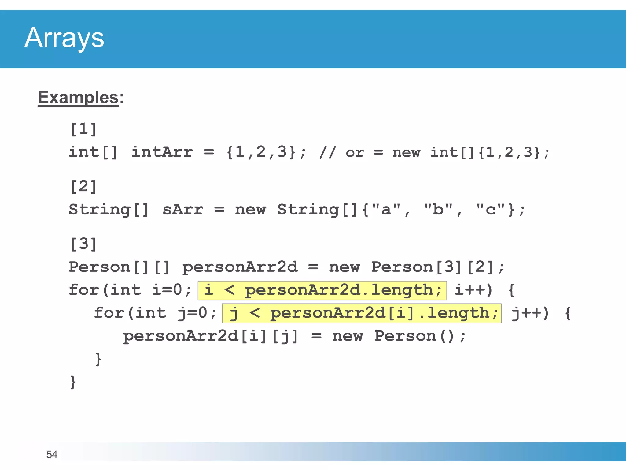 54
Arrays
Examples:
[1]
int[] intArr = {1,2,3}; // or = new int[]{1,2,3};
[2]
String[] sArr = new String[]{"a", "b", "c"};
[3]
Person[][] personArr2d = new Person[3][2];
for(int i=0; i < personArr2d.length; i++) {
for(int j=0; j < personArr2d[i].length; j++) {
personArr2d[i][j] = new Person();
}
}
 