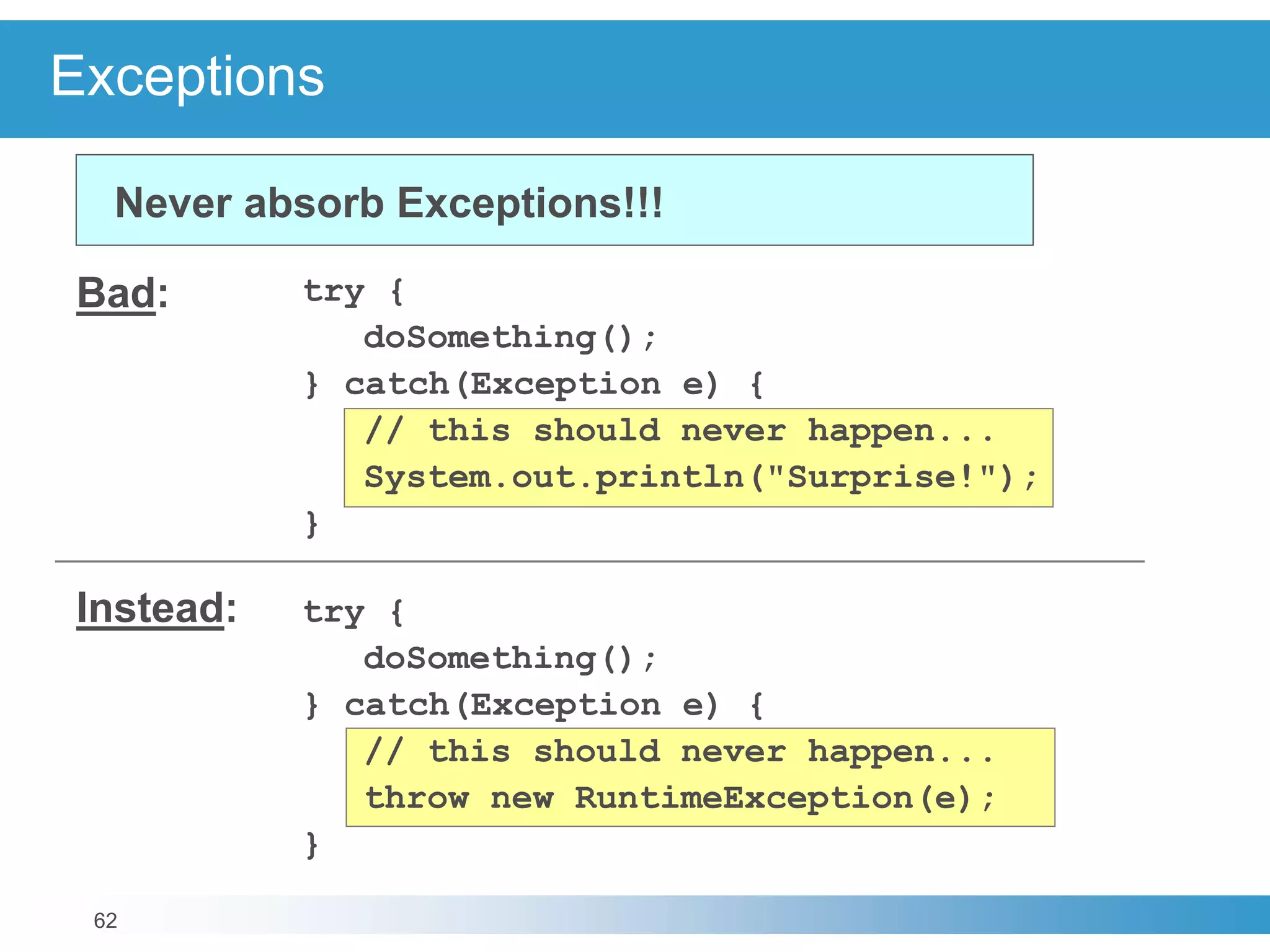 62
Exceptions
Bad:
Never absorb Exceptions!!!
try {
doSomething();
} catch(Exception e) {
// this should never happen...
System.out.println("Surprise!");
}
try {
doSomething();
} catch(Exception e) {
// this should never happen...
throw new RuntimeException(e);
}
Instead:
 