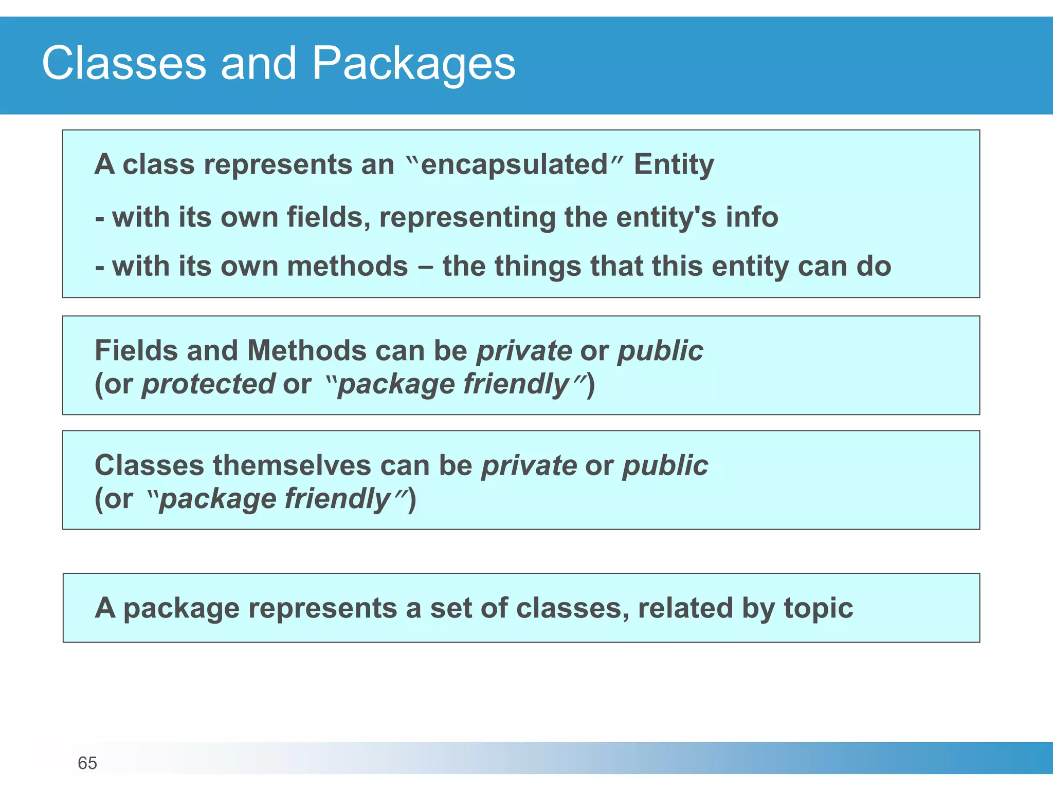 65
Classes and Packages
A class represents an “encapsulated” Entity
- with its own fields, representing the entity's info
- with its own methods – the things that this entity can do
A package represents a set of classes, related by topic
Classes themselves can be private or public
(or “package friendly”)
Fields and Methods can be private or public
(or protected or “package friendly”)
 