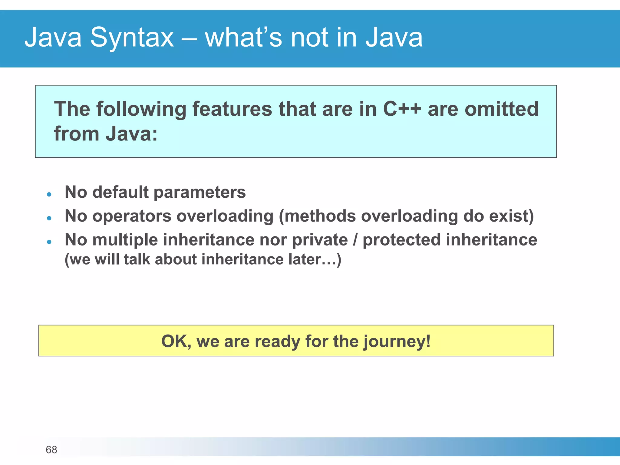68
Java Syntax – what’s not in Java
 No default parameters
 No operators overloading (methods overloading do exist)
 No multiple inheritance nor private / protected inheritance
(we will talk about inheritance later…)
The following features that are in C++ are omitted
from Java:
OK, we are ready for the journey!
 