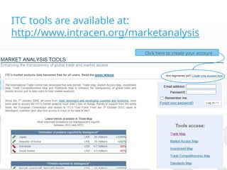 ITC tools are available at:
http://www.intracen.org/marketanalysis
Click here to create your account
 