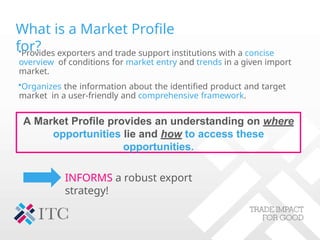 A Market Profile provides an understanding on where
opportunities lie and how to access these
opportunities.
•Provides exporters and trade support institutions with a concise
overview of conditions for market entry and trends in a given import
market.
•Organizes the information about the identified product and target
market in a user-friendly and comprehensive framework.
What is a Market Profile
for?
INFORMS a robust export
strategy!
 