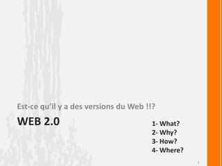 Web 2.0Est-ce qu’il y a des versions du Web !!?1- What?2- Why?3- How?4- Where?2